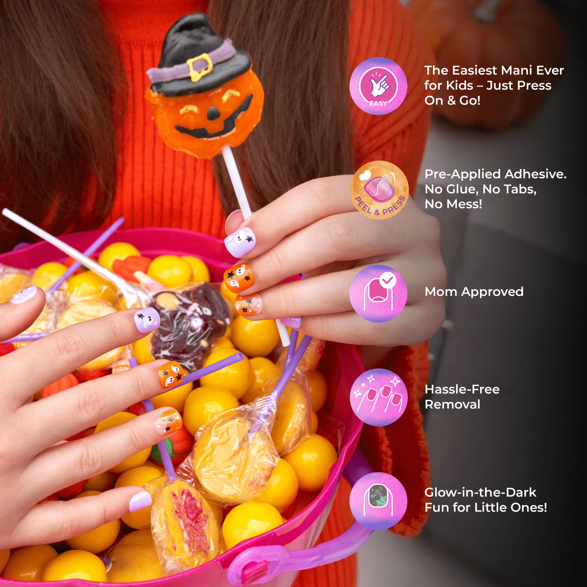 Impress Kids Halloween No Glue Fake Press On Nails - Night Sparkles | Design, Pink, Kids, Squoval, Glow In The Dark, Manicure
