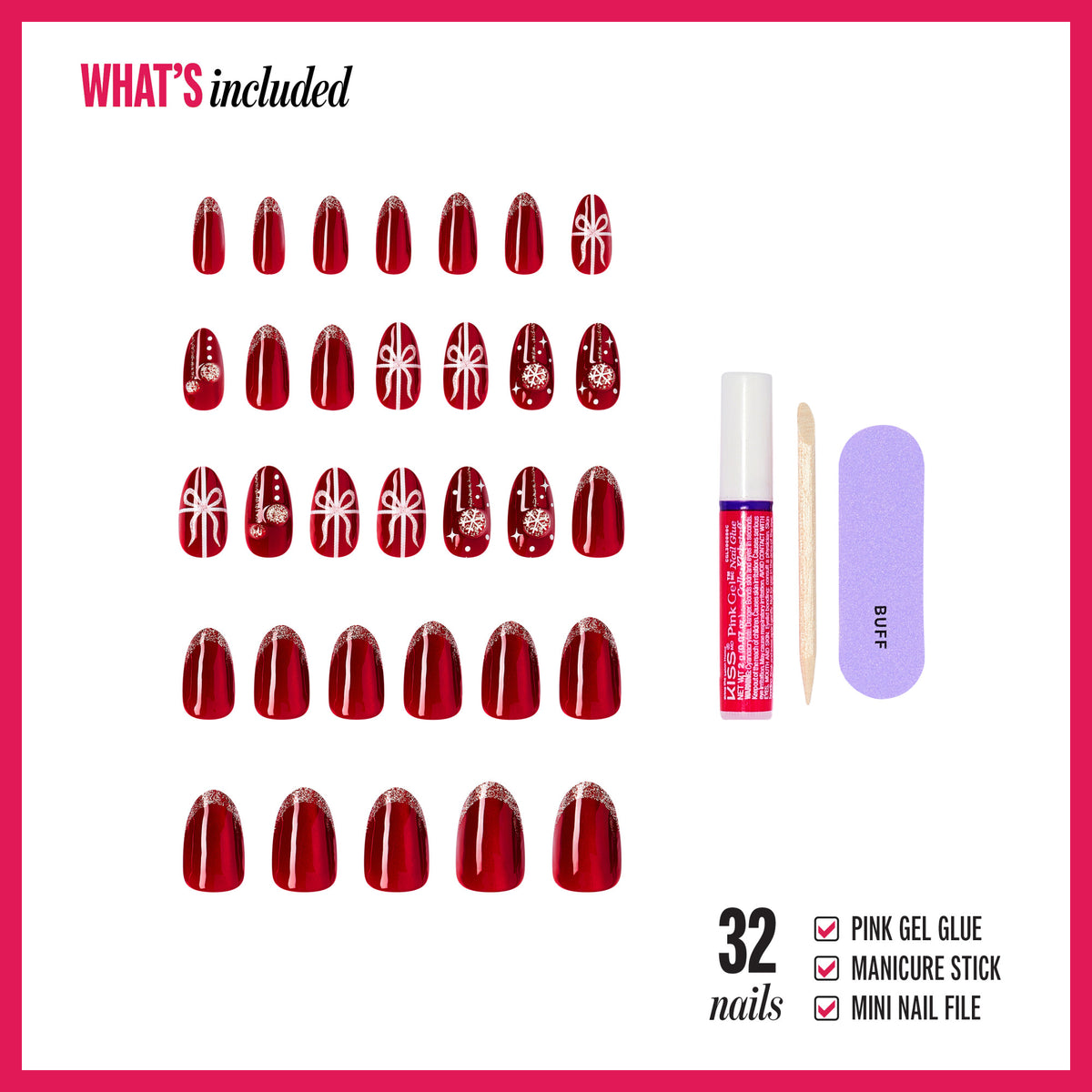 Kiss Merry Holiday Press On Fake Glue Nails - Deck The Nails | Design, Red &amp; White, Medium, Almond