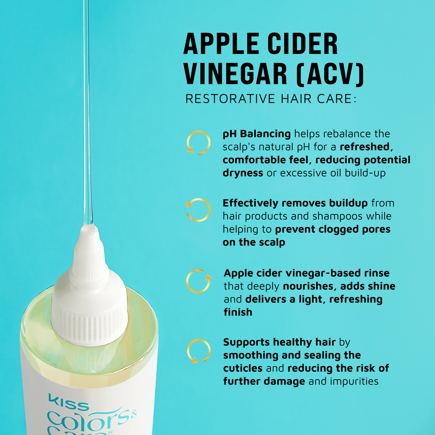 Kiss Colors Apple Cider Vinegar hair care product with text on a blue background